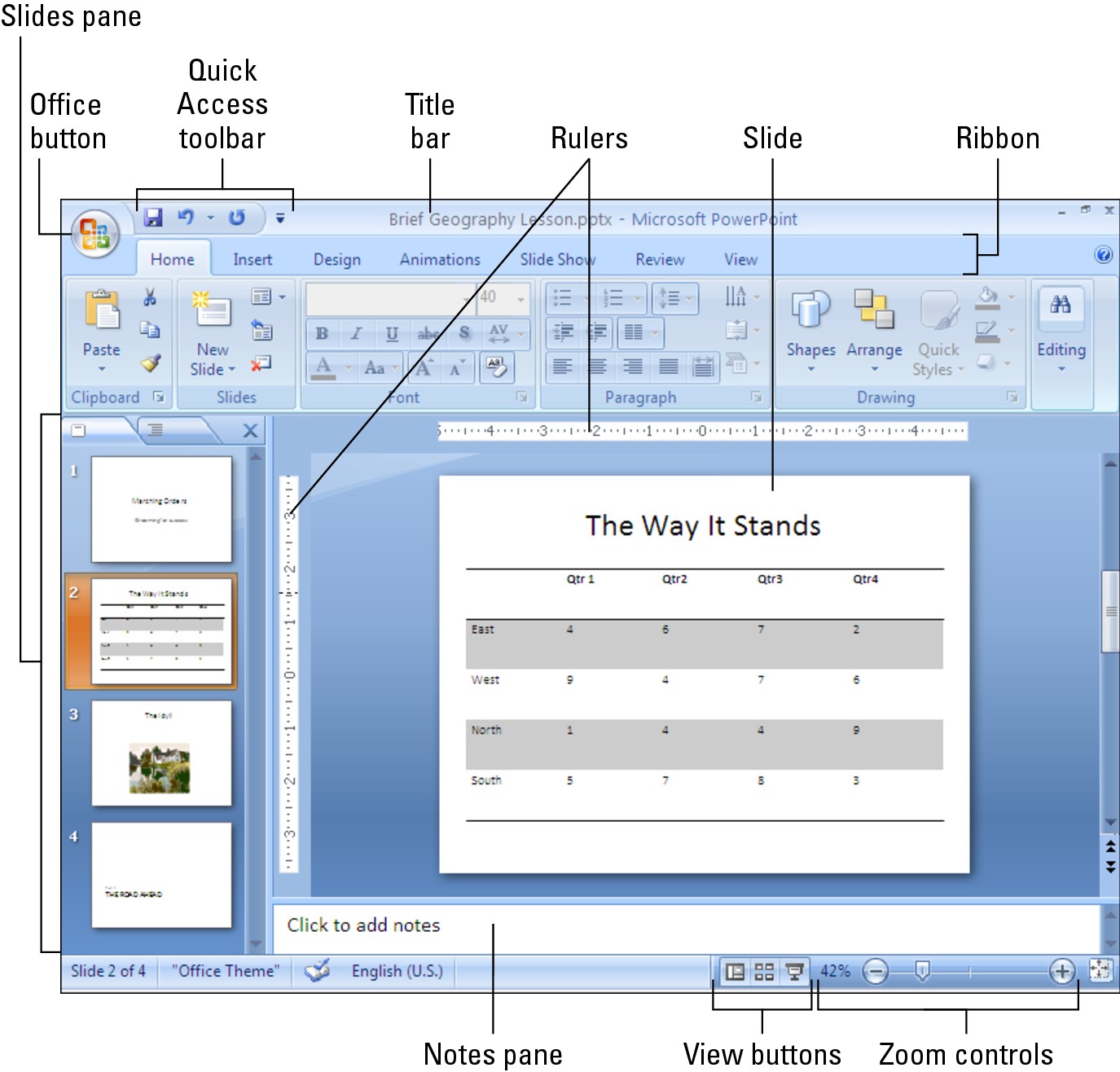 Figure 3-1: The different parts of the PowerPoint screen.